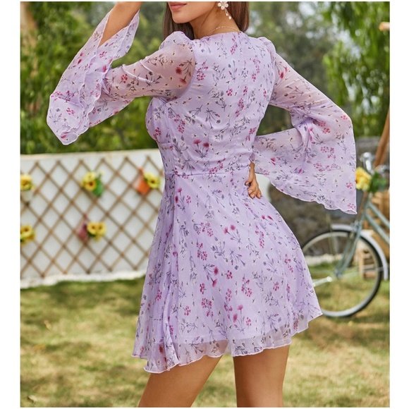 Boho Floral Print Bell Sheer Sleeve Dress - Picture 5 of 5